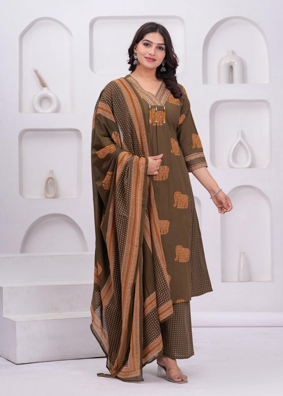 Gajraj: Olive Green Elephant Print Cotton Suit Set