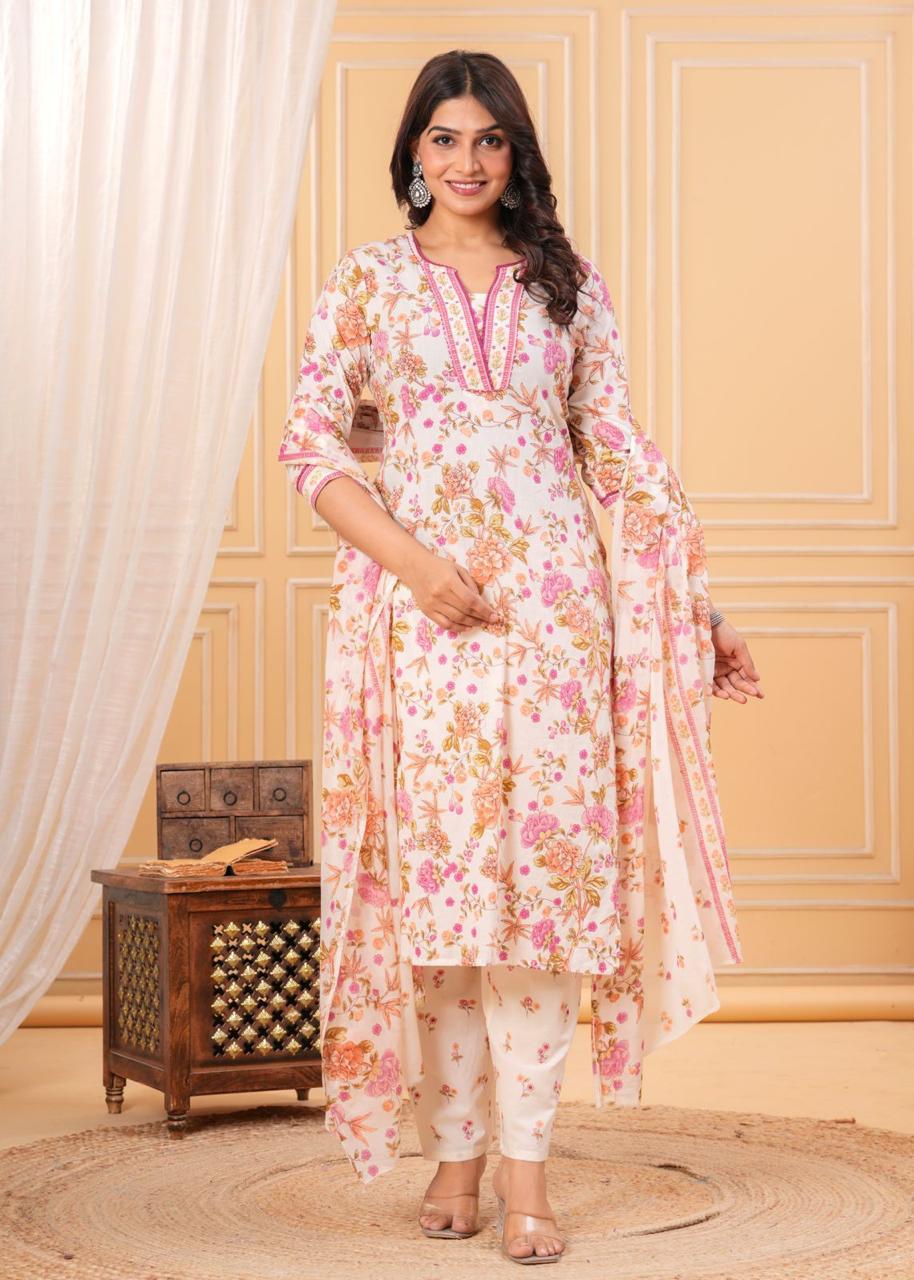 Blossom Breeze: Cream Floral Print Cotton Suit Set