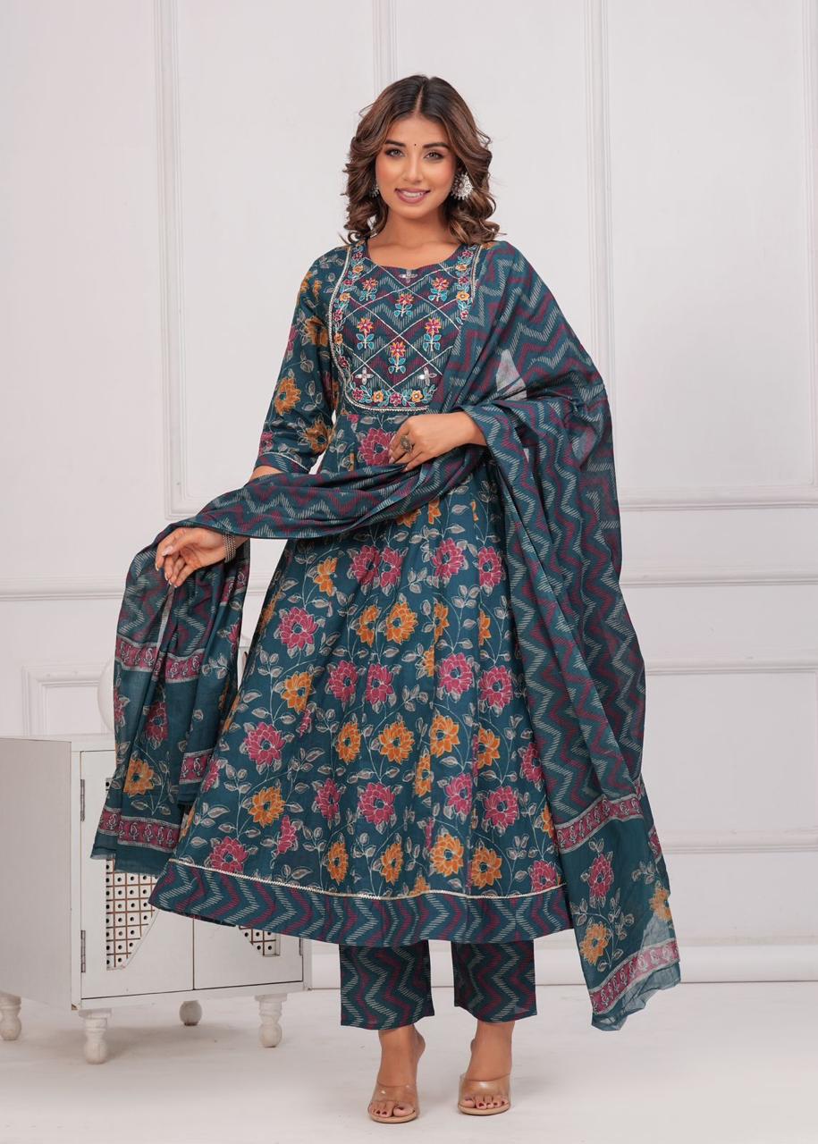 Sapphire Bloom: Teal Floral & Chevron Anarkali Set