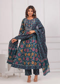 Sapphire Bloom: Teal Floral & Chevron Anarkali Set
