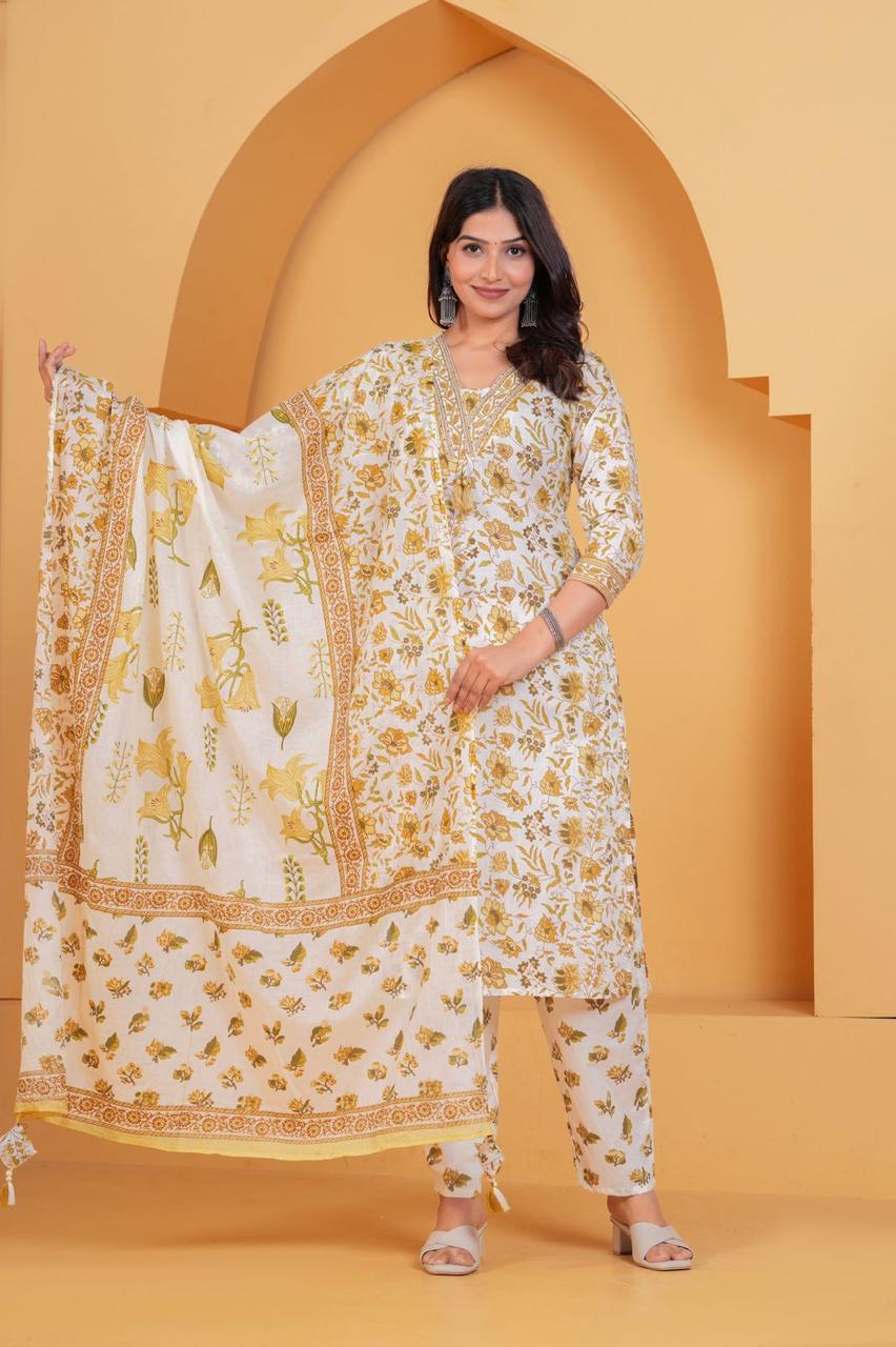Golden Meadow: Yellow & Olive Floral Cotton Suit Set