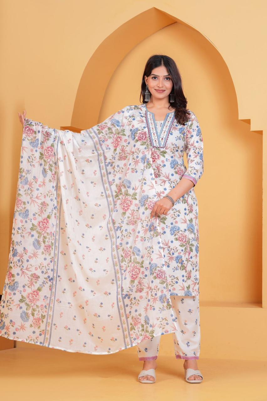 Spring Serenade: White & Azure Floral Cotton Suit Set