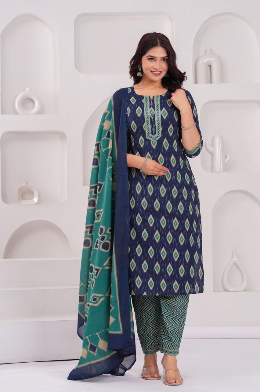 Elegant Navy & Teal Ikat Print Cotton Suit Set