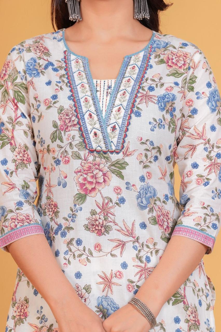 Spring Serenade: White & Azure Floral Cotton Suit Set