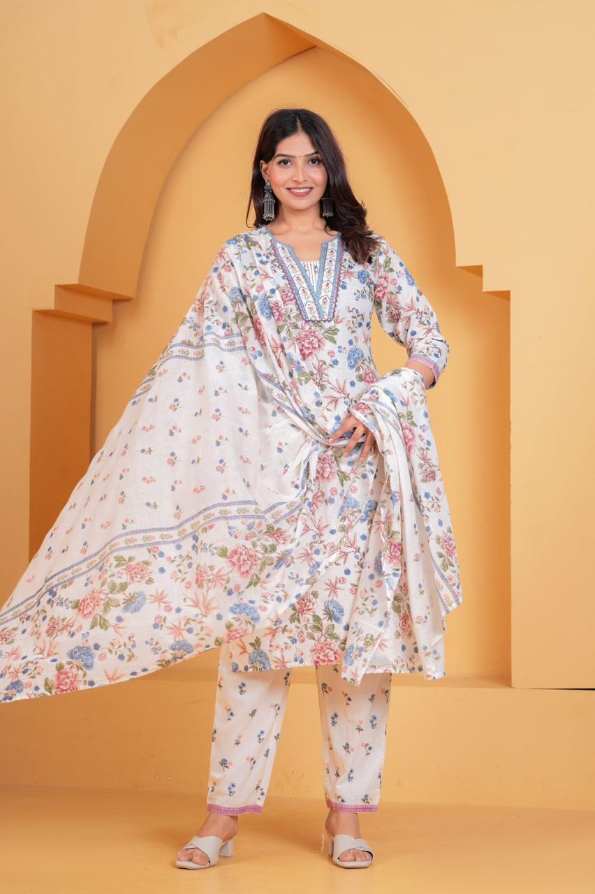Spring Serenade: White & Azure Floral Cotton Suit Set