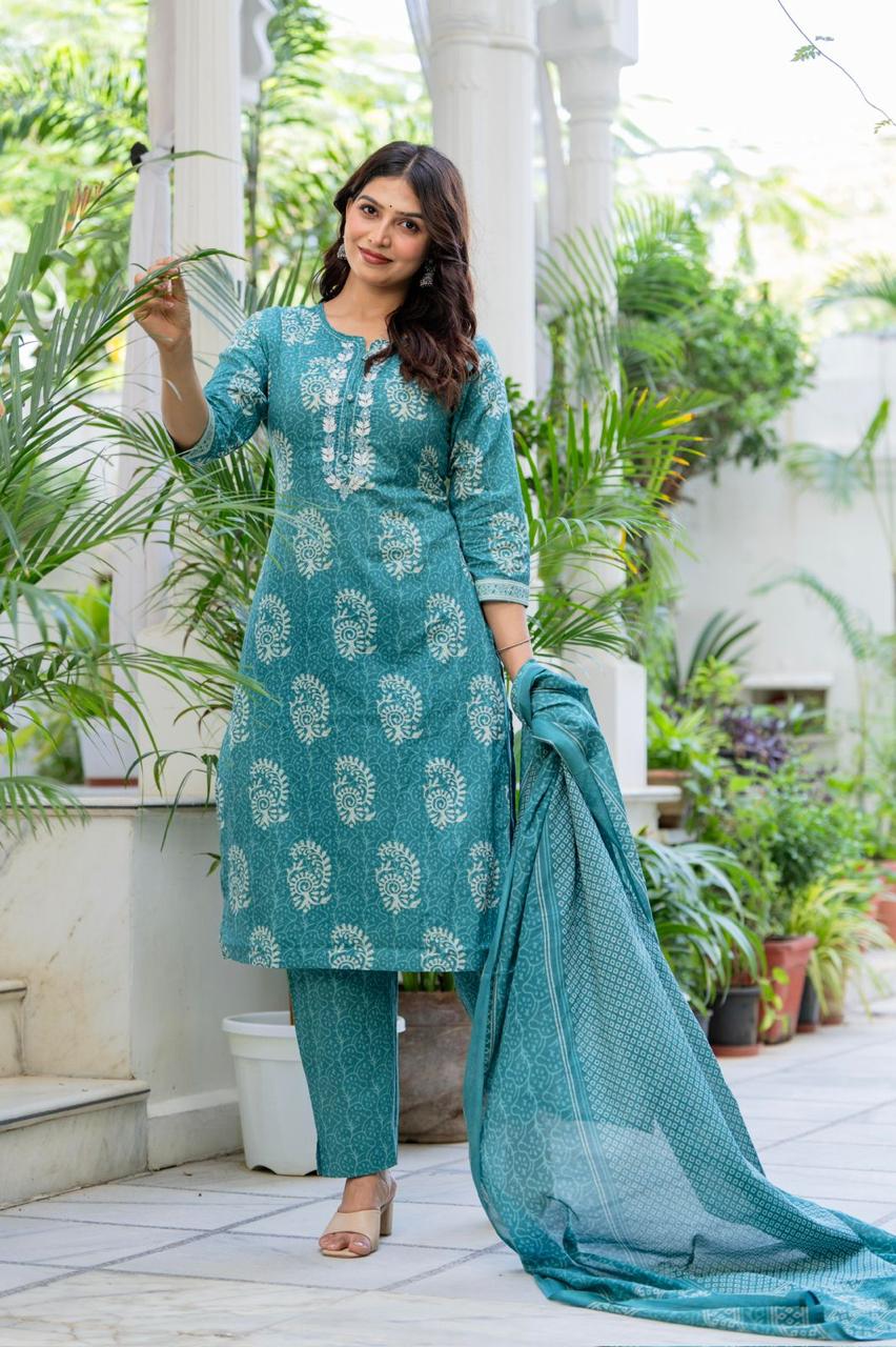 Serene Turquoise Embroidered Cotton Suit Set