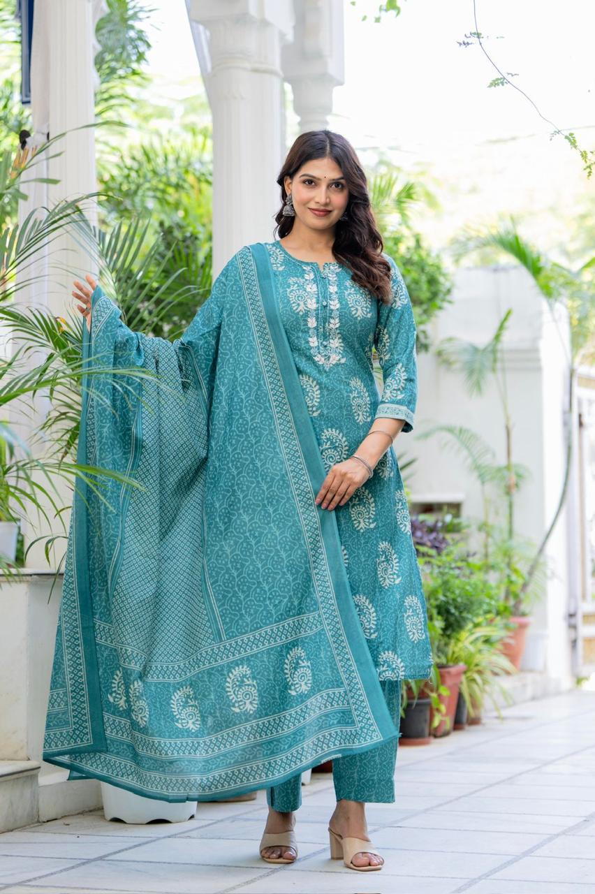 Serene Turquoise Embroidered Cotton Suit Set