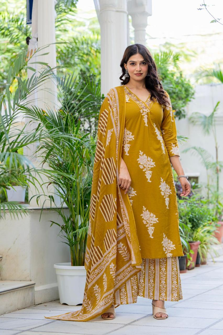 Golden Mustard Floral Embroidered Cotton Suit Set
