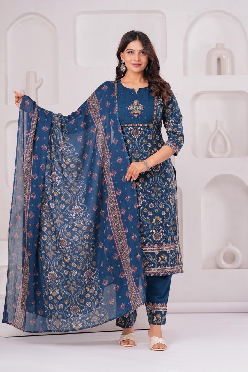 Majestic Teal Blue Embroidered Suit Set with Floral Accents