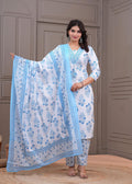 Celestial White & Sky Blue Floral Cotton Suit Set