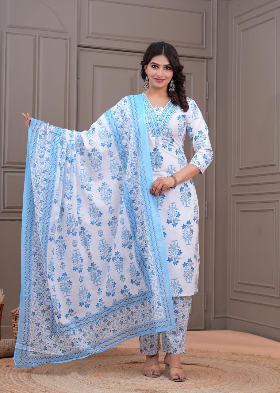 Celestial White & Sky Blue Floral Cotton Suit Set
