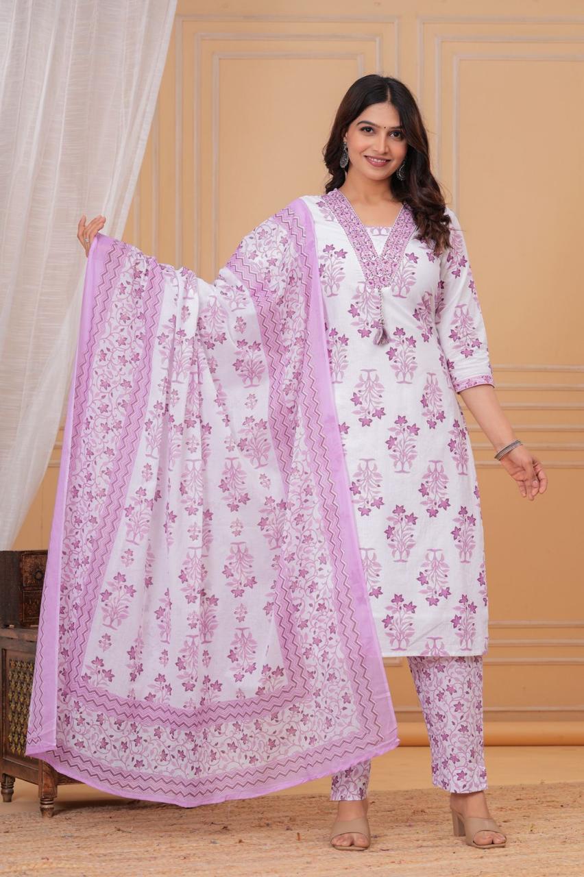 Lavender Dreams: White & Pink Floral Embroidered Cotton Suit Set