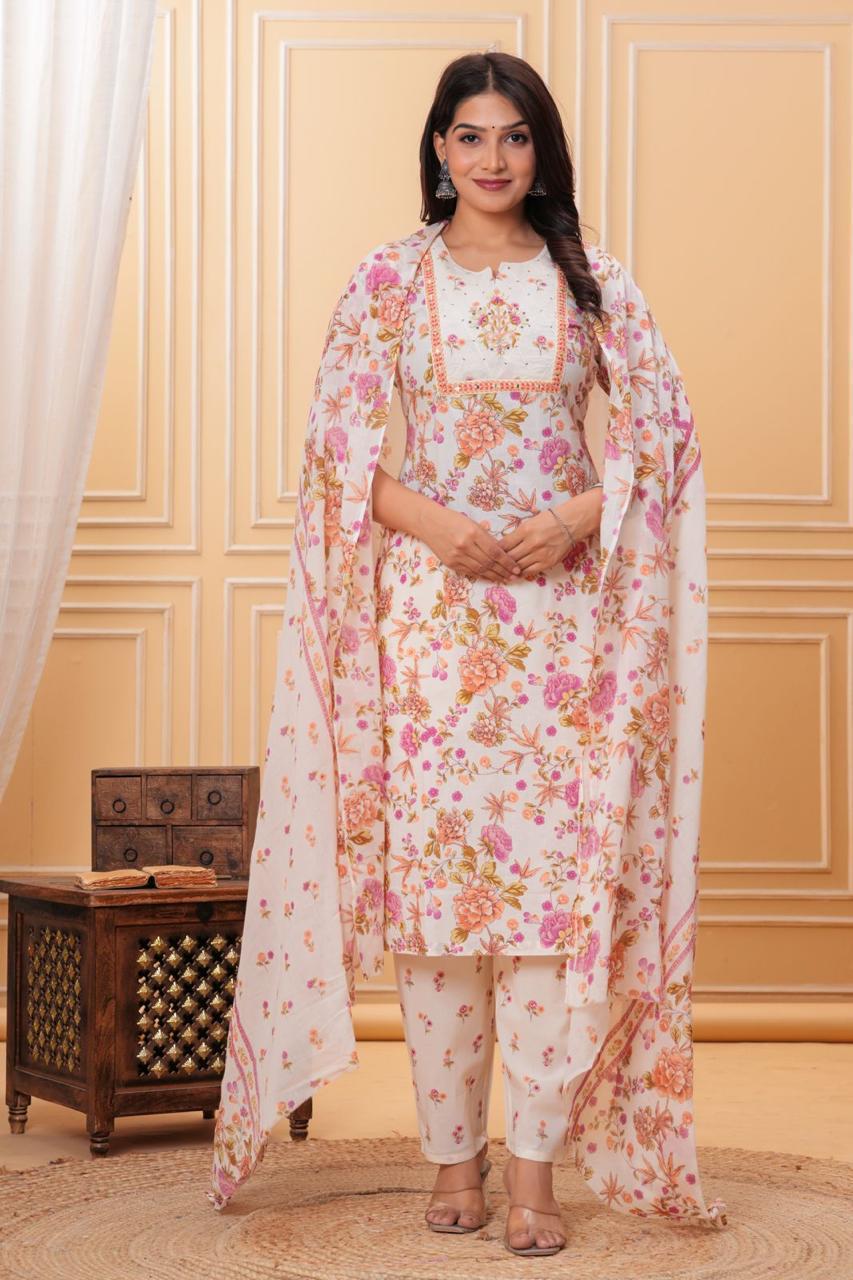 Blossom Breeze: Cream Floral Print Cotton Suit Set