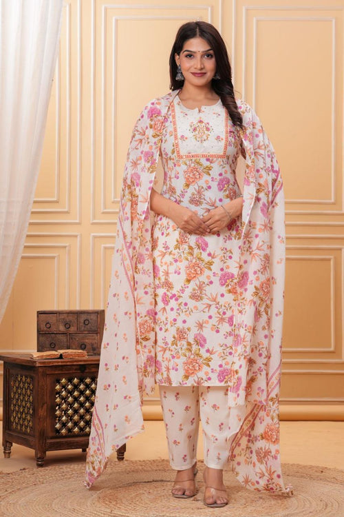 Blossom Breeze: Cream Floral Print Cotton Suit Set
