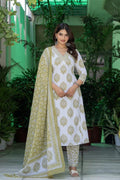 Fresh Lime & White Block Print Cotton Suit Set